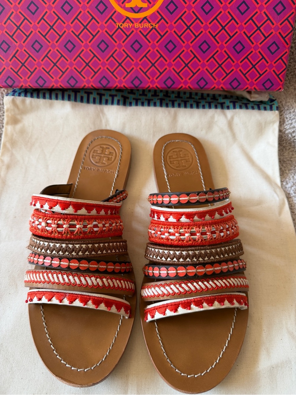 Tory Burch Mixed Trims Flat Sandal Poppy Red Multi Embellished Slide Size 7.5M